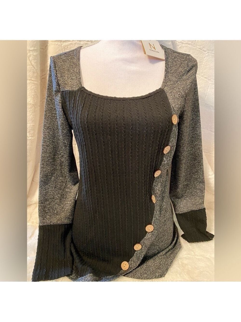 NORACORA Black and Grey Sweater with wood Button detail. Size S. NEW Lightweight
